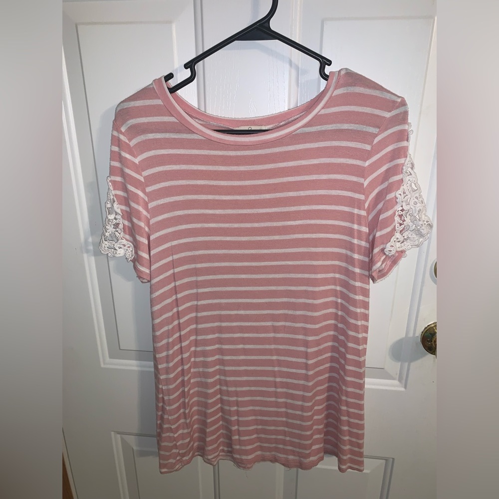 Pink striped tshirt with crochet sleeves